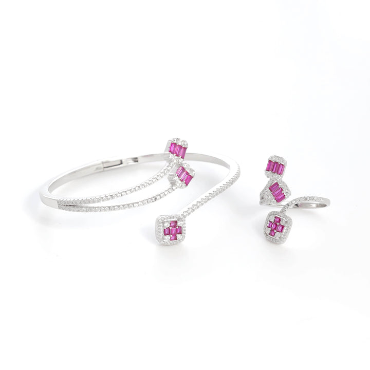Silver Pink Diamond Twirling Grace Bracelet with Ring Set - tassyasilver.com