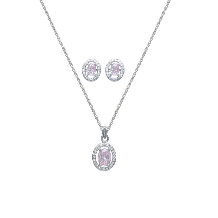 Silver Pink Oval Halo Chain Pendant Studs - tassyasilver.com