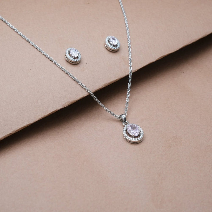 Silver Pink Oval Halo Chain Pendant Studs - tassyasilver.com