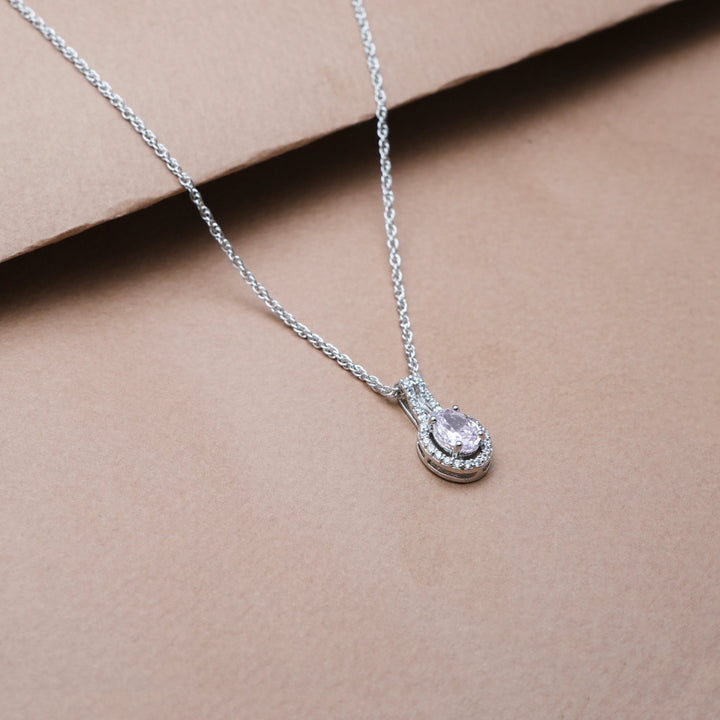 Silver Pink Oval Halo Drop Chain pendant - tassyasilver.com