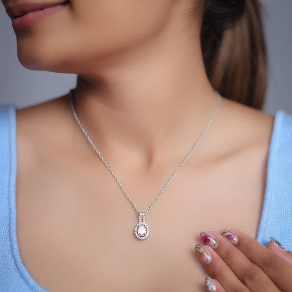 Tassya Silver 925 pink oval halo drop pendant.