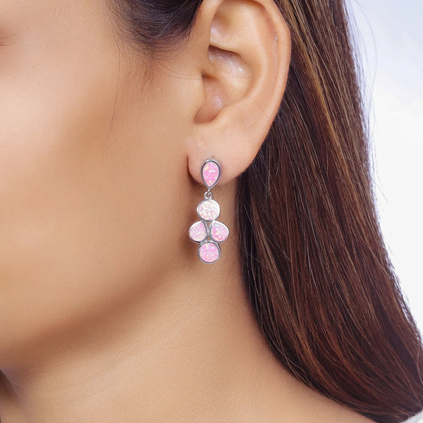 925 Silver Pink Pear & Round Opal Earrings
