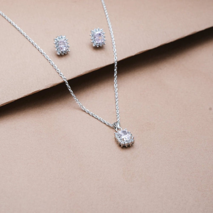 Silver Pink Radiant Cut Halo Chain Pendant Studs - tassyasilver.com