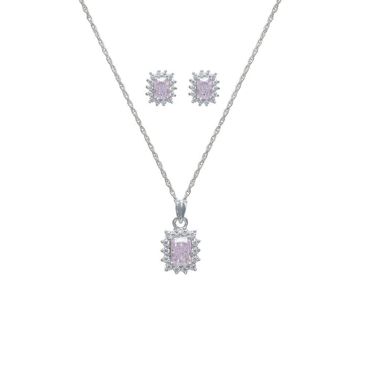 Silver Pink Radiant Cut Halo Chain Pendant Studs - tassyasilver.com