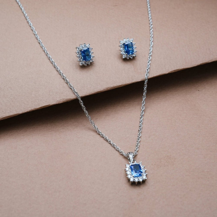Silver Sapphire Radiant Cut Halo Chain Pendant Studs - tassyasilver.com