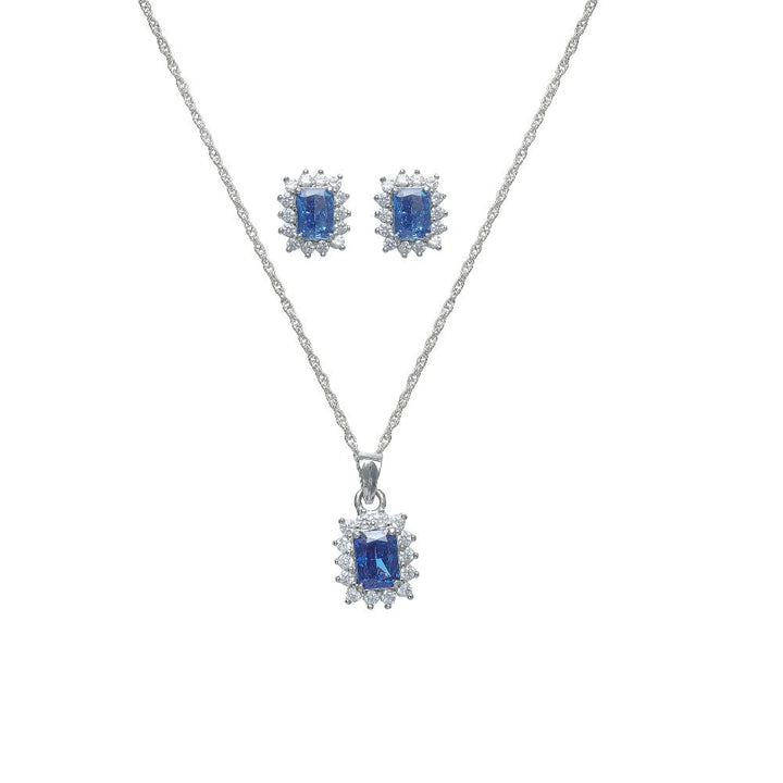 Silver Sapphire Radiant Cut Halo Chain Pendant Studs - tassyasilver.com