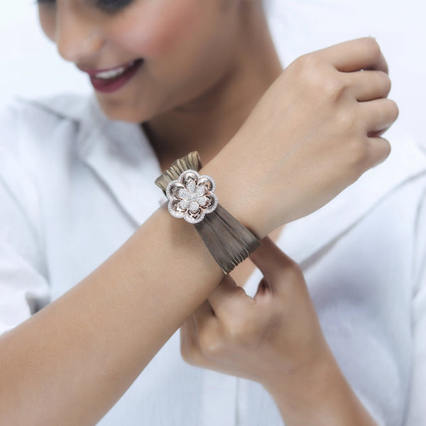 Tassya Silver Textured Petal Cuff for women