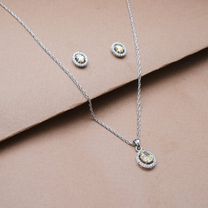 Silver Yellow Oval Halo Chain Pendant Studs - tassyasilver.com