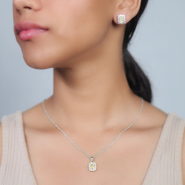Silver Yellow Sunburst Halo Chain Pendant Studs - tassyasilver.com