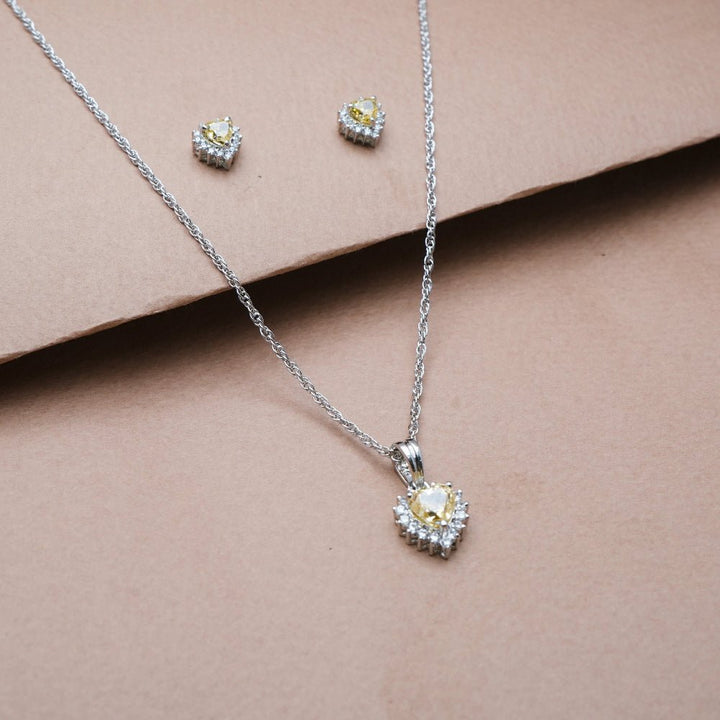 Silver Yellow Trillion Sunburst Chain Pendant Studs - tassyasilver.com